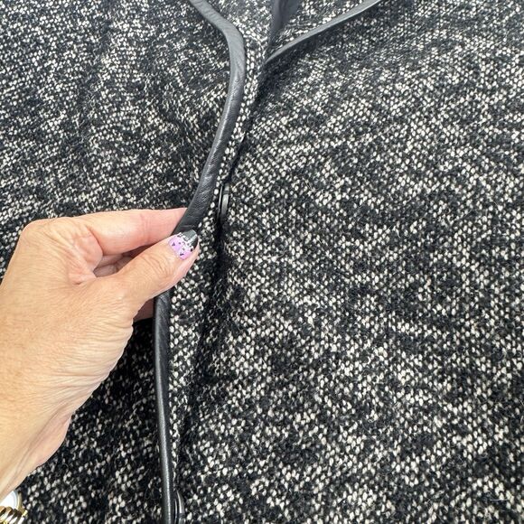 Eileen Fisher Tweed Coat Jacket Womens Wool Blend Leather Trim Long Lined Sz L - Picture 9 of 11